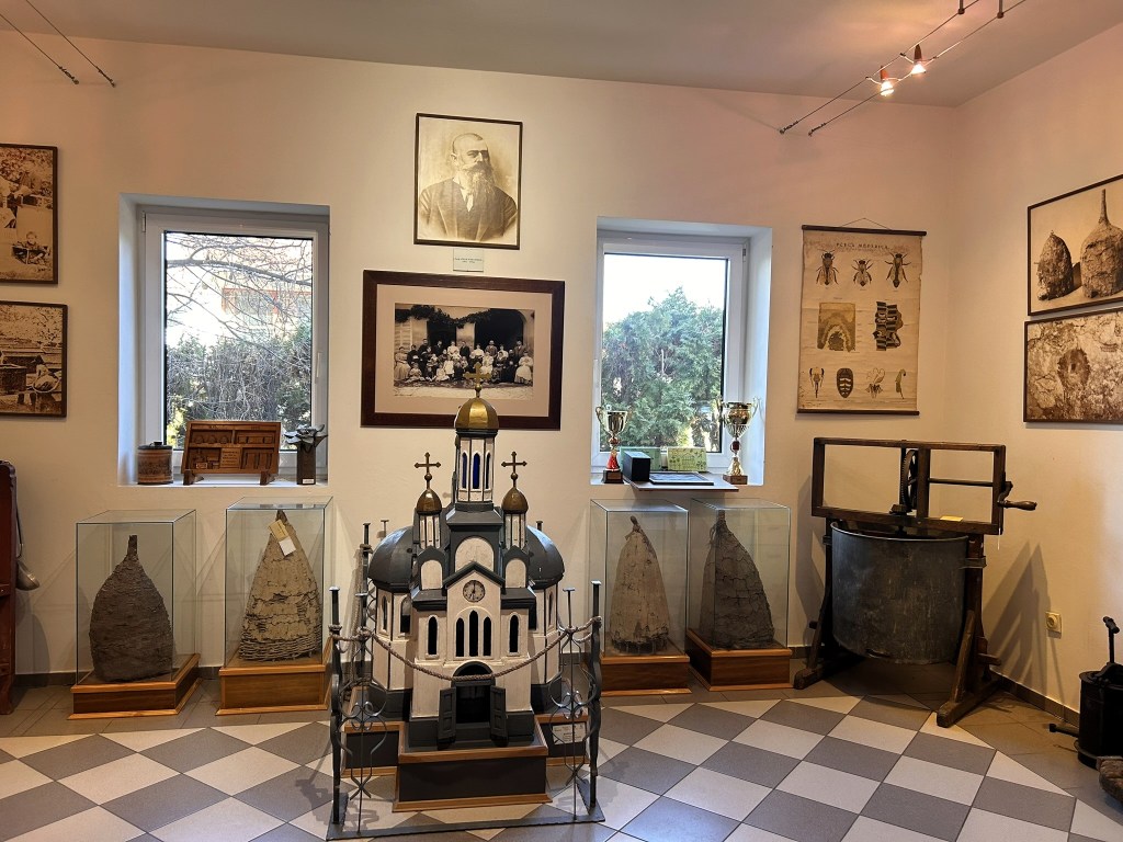A museum interior displaying various historical artifacts, including a small model of a church, beehive replicas in glass cases, photographs on the walls, and trophies on display.