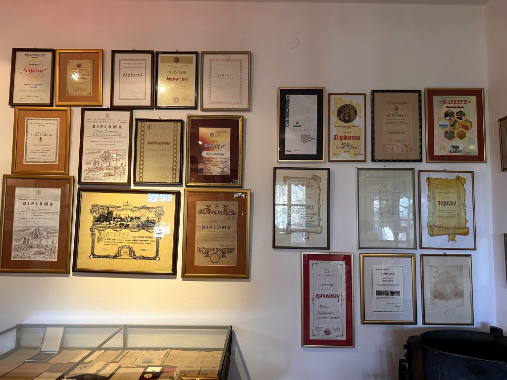 A collection of framed certificates and diplomas displayed on a wall, showcasing various achievements and recognitions.