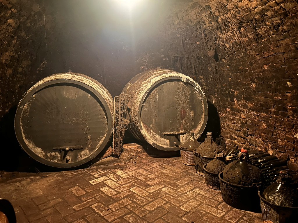 An interior view of a dimly lit wine cellar featuring two large wooden barrels and several smaller glass bottles, all resting on a brick floor.