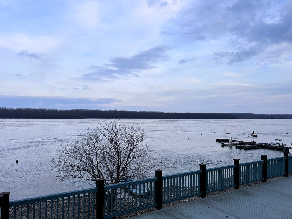 A tranquil river scene with a cloudy sky, featuring a wooden boardwalk in the foreground, a bare tree, and small boats moored at a dock.