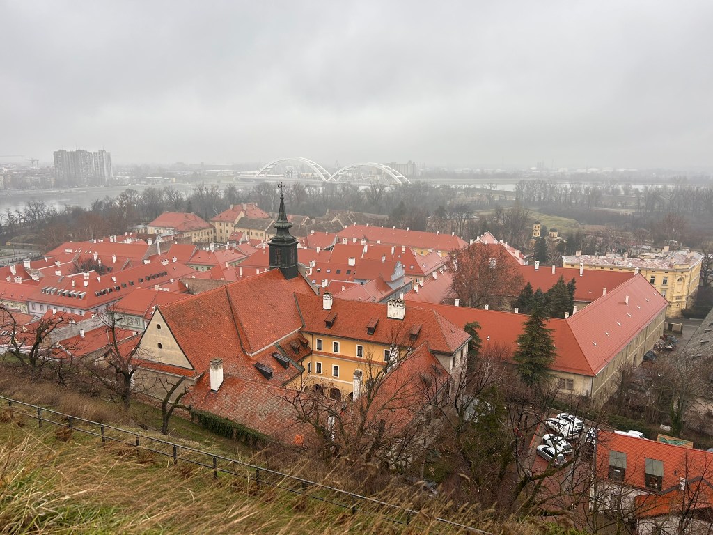 A panoramic view of a cityscape featuring buildings with red roofs under a cloudy sky, with a river and a bridge visible in the background.