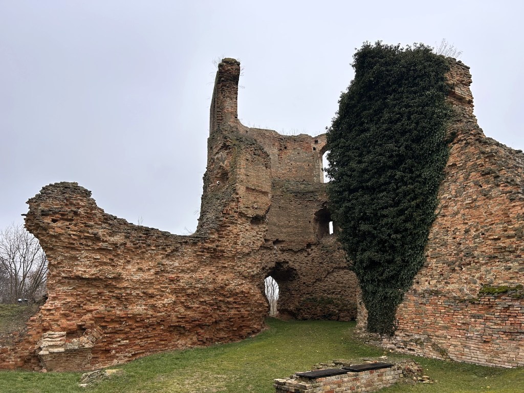 Ruins of an ancient brick structure partially covered in greenery, with a cloudy sky above.