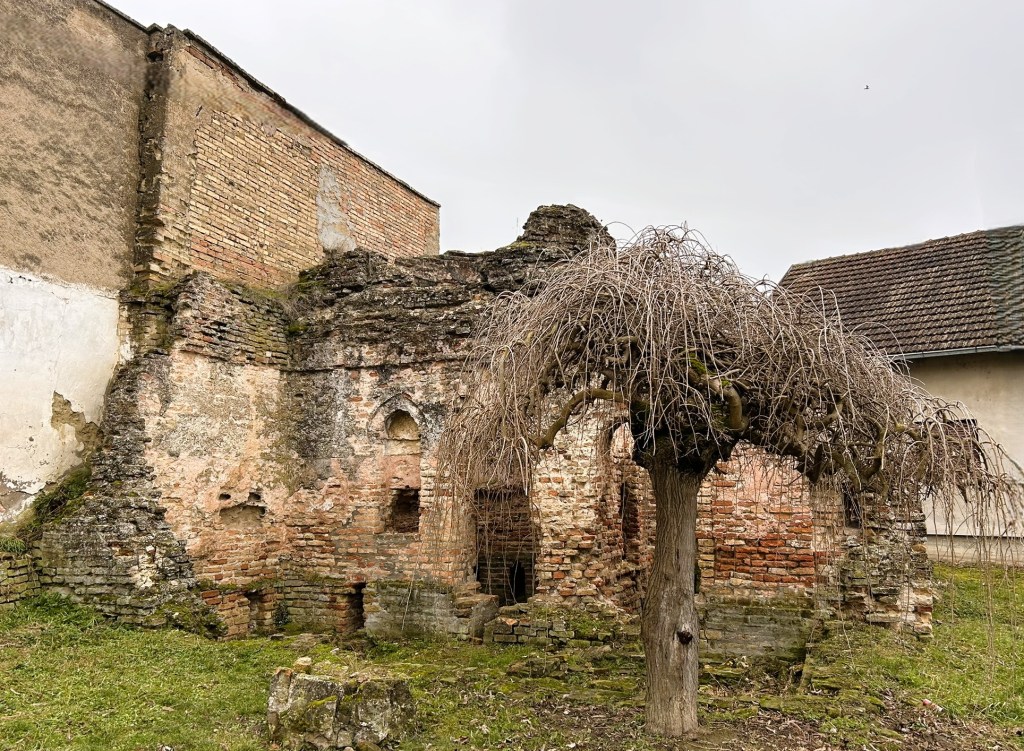 A decaying brick structure with walls showing signs of age and erosion, accompanied by a gnarled, weeping tree with bare branches in front of it, set against a grey sky.