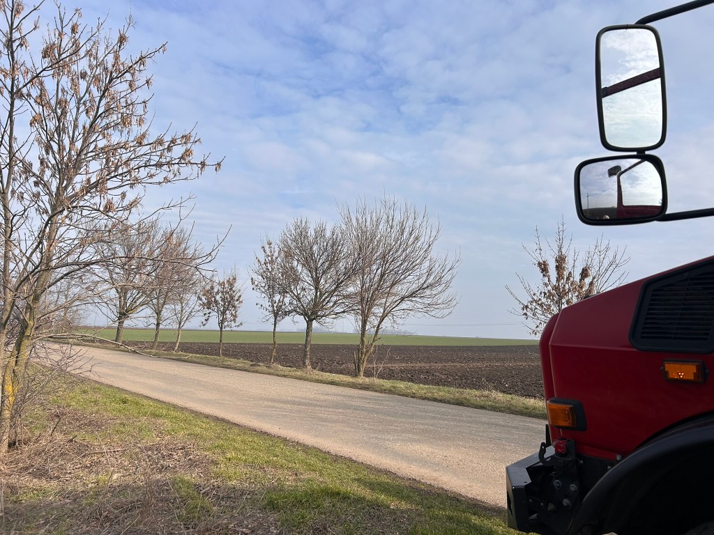 A rural scene featuring a gravel road lined with bare trees, with a field in the background and a red vehicle's side mirror in the foreground under a cloudy sky.
