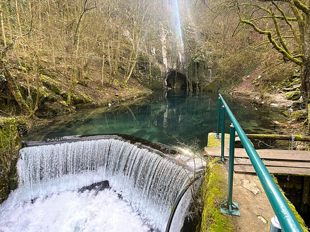 A serene landscape featuring a clear blue pool surrounded by dense trees, with a small waterfall cascading over a rocky edge in the foreground.