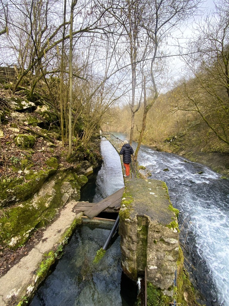 A person standing on a narrow path beside a flowing river, surrounded by trees and rocky terrain, with a gentle stream visible on the left.