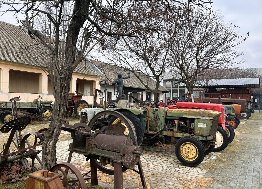 A collection of vintage tractors parked in an outdoor area, featuring various models in differing states of restoration, with bare trees and a building in the background.