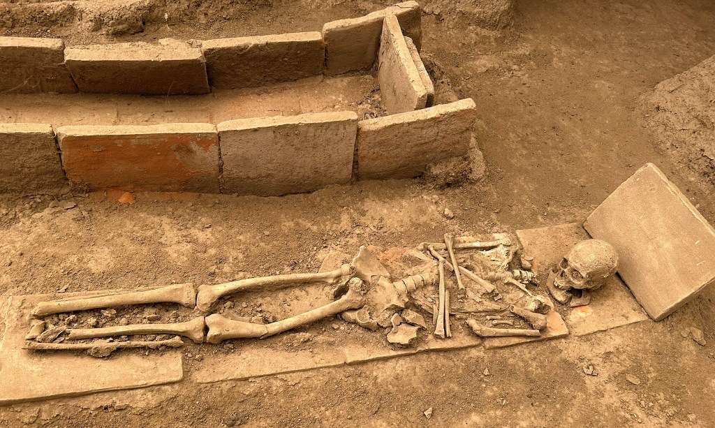 Excavated skeleton remains in an archaeological site, showing bones and a skull, with stone structures in the background.