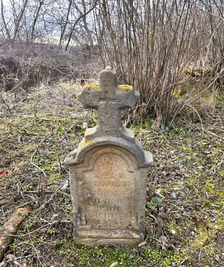 A weathered gravestone with a cross on top, surrounded by overgrown greenery and small trees.