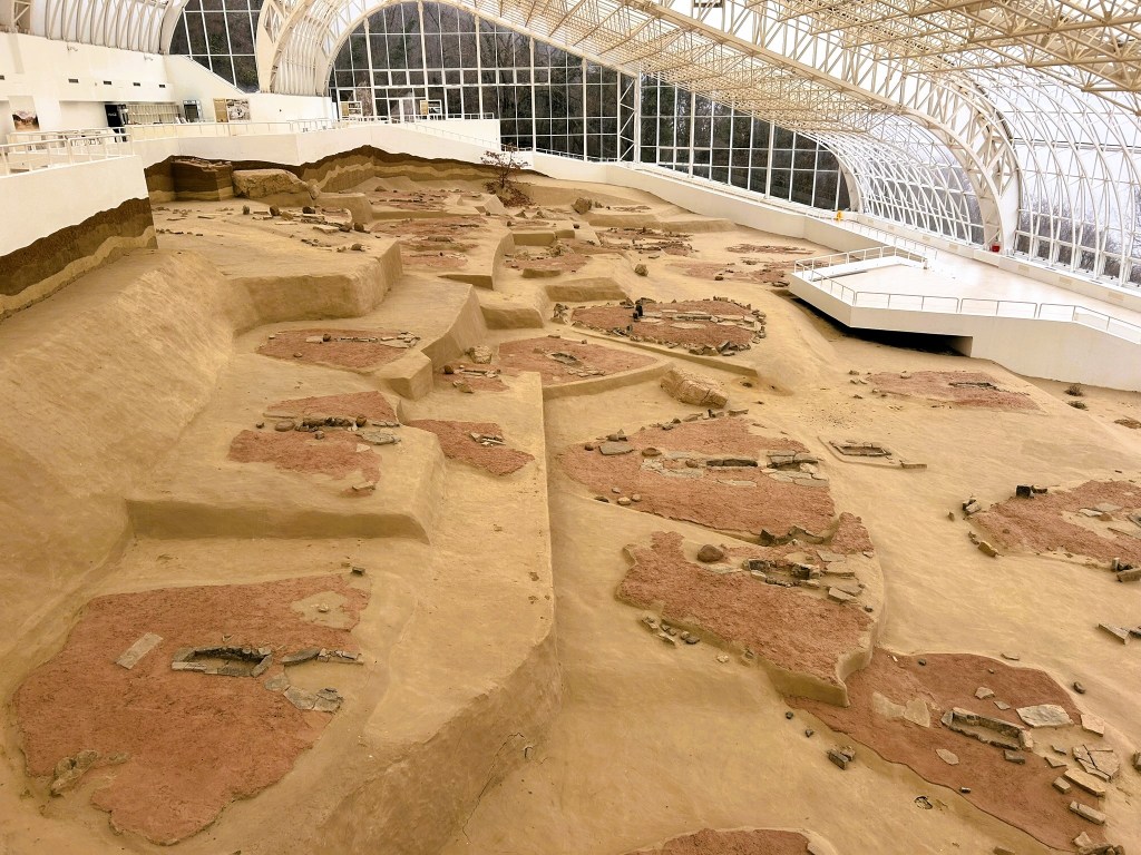 Aerial view of an archaeological site featuring excavated areas with exposed remnants, set inside a modern glass structure.