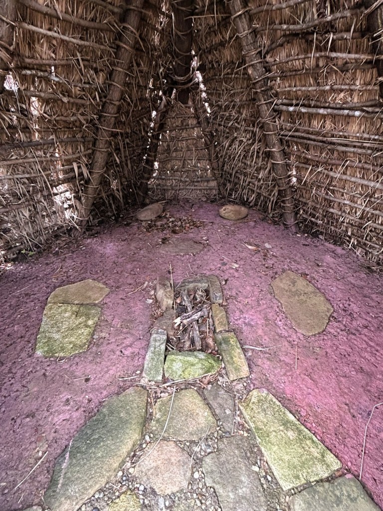 Interior of a traditional straw and wood structure with a stone floor and a small fire pit in the centre, surrounded by pink earth.