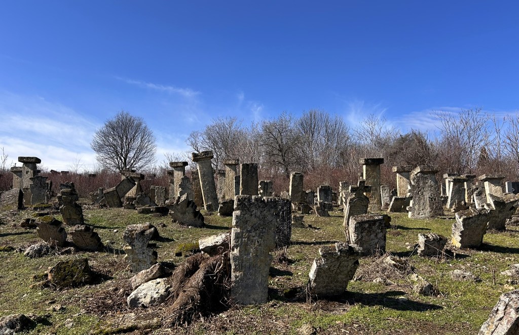 An area featuring ancient stone ruins and large boulders, surrounded by sparse vegetation and trees, under a clear blue sky.