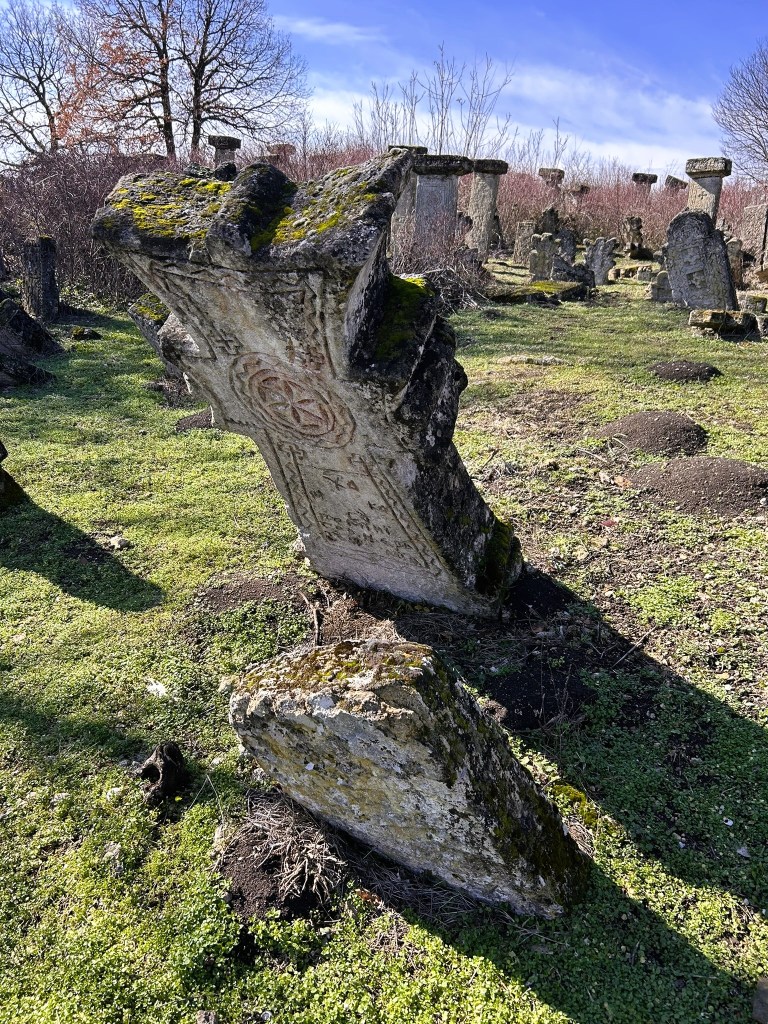 An ancient gravestone leaning against the ground, covered in moss, surrounded by other weathered gravestones in a grassy cemetery setting.