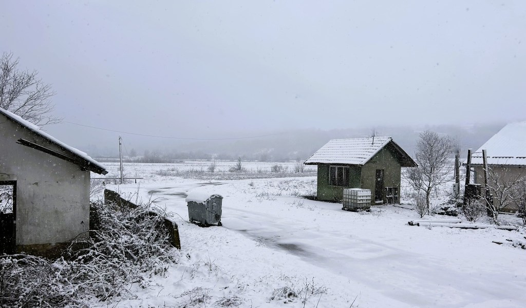 A snowy landscape featuring two small houses, a grey bin, and a partially visible road, under a cloudy sky.