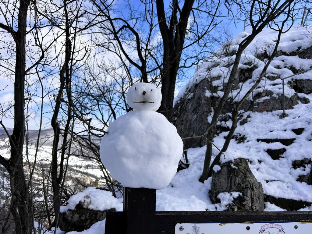 A snowman made of snow, with a simple face made from small stones, standing on a wooden post in a snowy landscape surrounded by trees and rocky terrain.