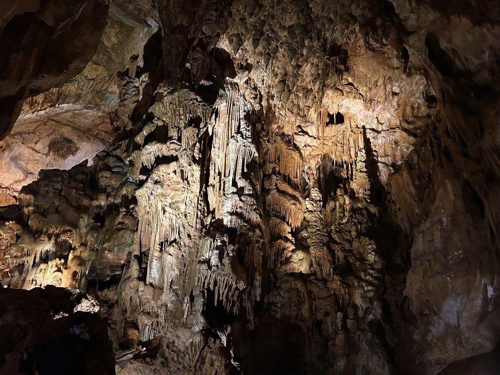 An illuminated cave wall featuring intricate limestone formations and stalactites.