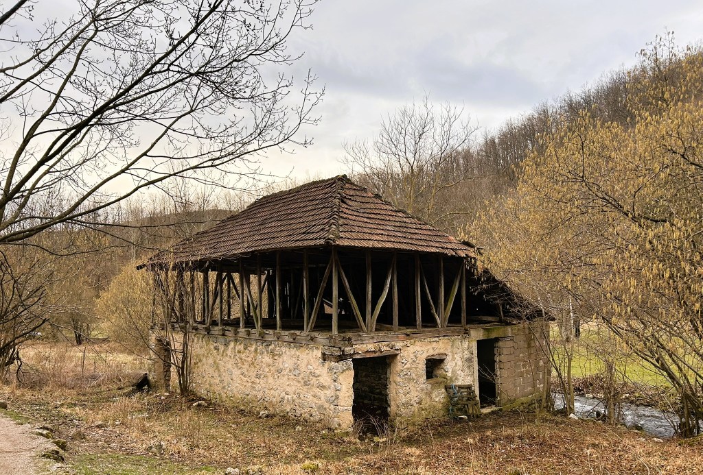A dilapidated building with a wooden frame and a tiled roof, surrounded by bare trees and sparse vegetation, set against a cloudy sky.