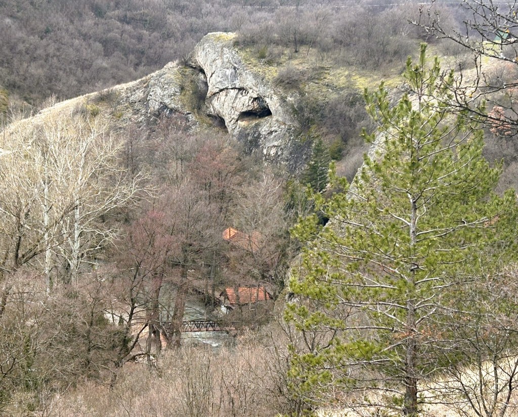 A scenic view of a rocky hillside with a cave opening, surrounded by bare trees and a few evergreen trees, featuring a small village with red-roofed houses in the valley below.