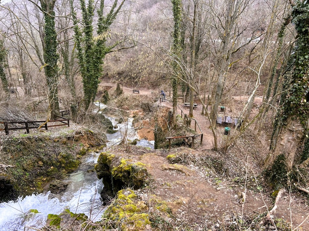 A serene natural landscape featuring a flowing river, surrounded by trees in winter, with walking paths and benches visible along the riverbank.