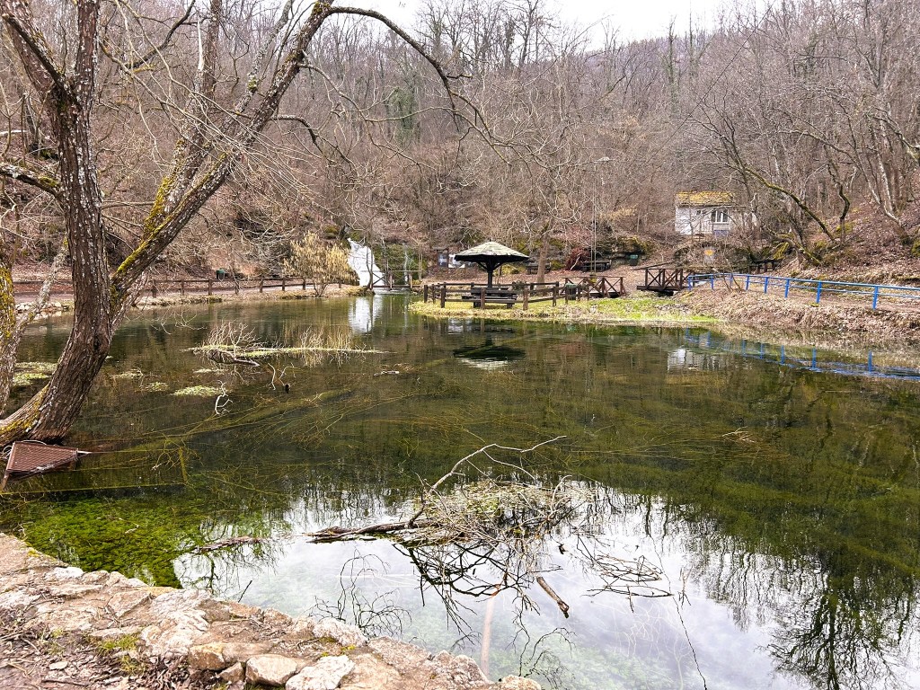 A tranquil pond surrounded by bare trees, with a small waterfall in the background and a wooden gazebo nearby. The water reflects the surrounding landscape, creating a serene atmosphere.