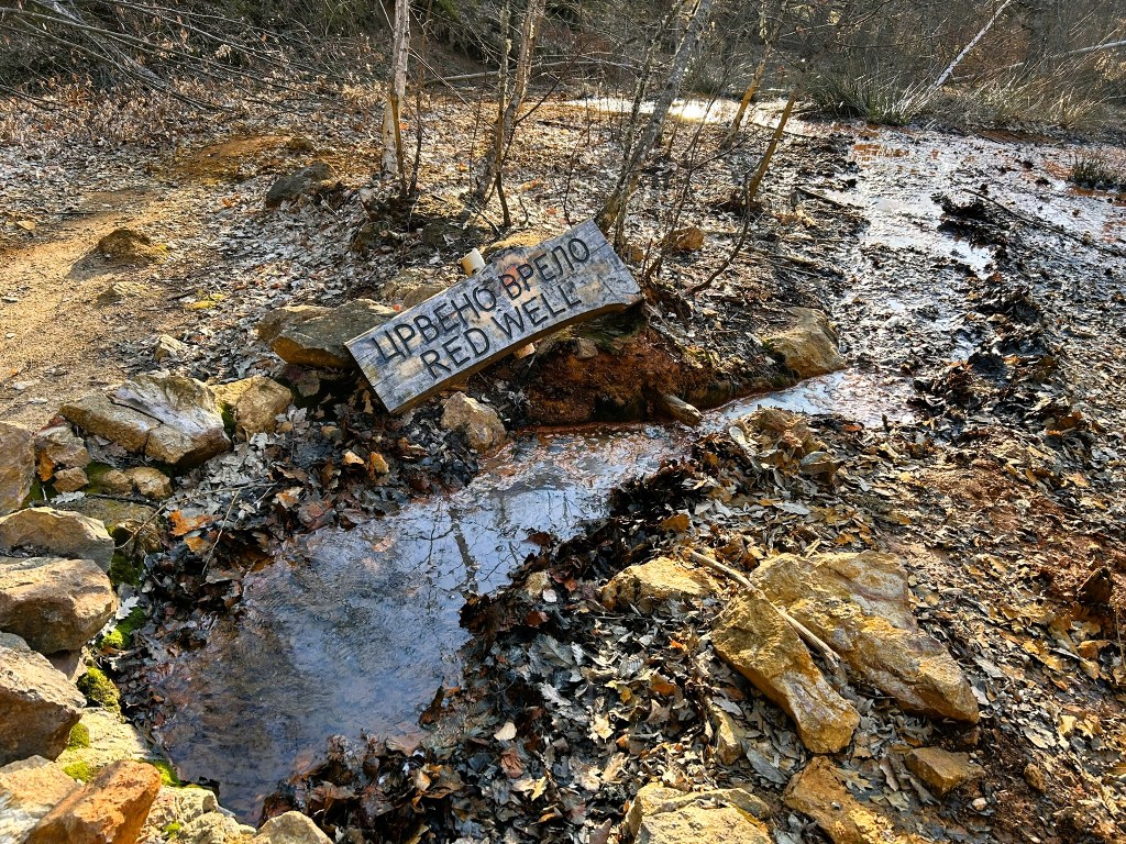 A wooden sign reading 'Red Well' in both Serbian Cyrillic and English, situated near a small stream surrounded by autumn leaves and rocky terrain.