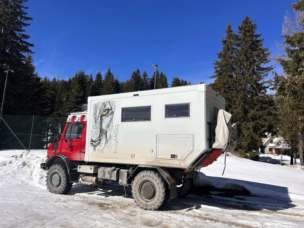 A rugged off-road vehicle with an artistic lion illustration on the side, parked on snow with tall evergreen trees in the background and a clear blue sky.
