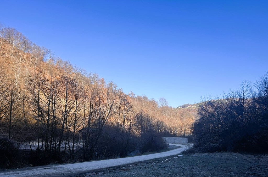 A winding dirt road through a frost-covered landscape, surrounded by bare trees and rolling hills under a clear blue sky.