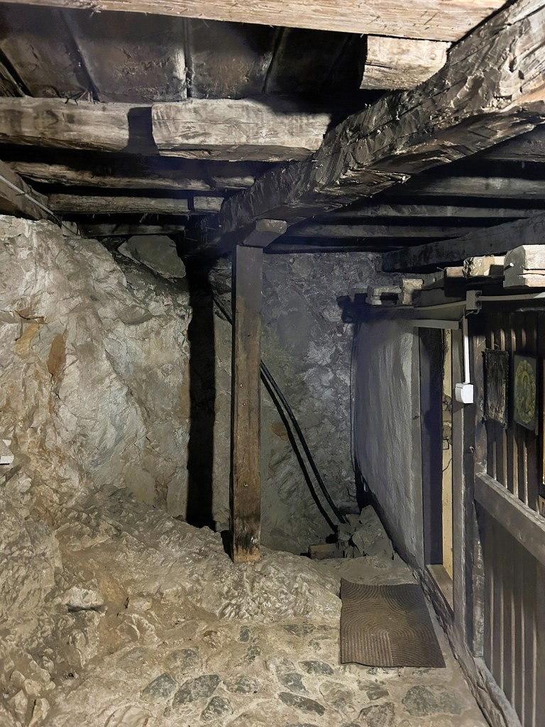 A dimly lit underground space featuring rough stone walls and a wooden beam ceiling. The floor is uneven with large stones, and a doorway is visible on the right side, leading to another area.