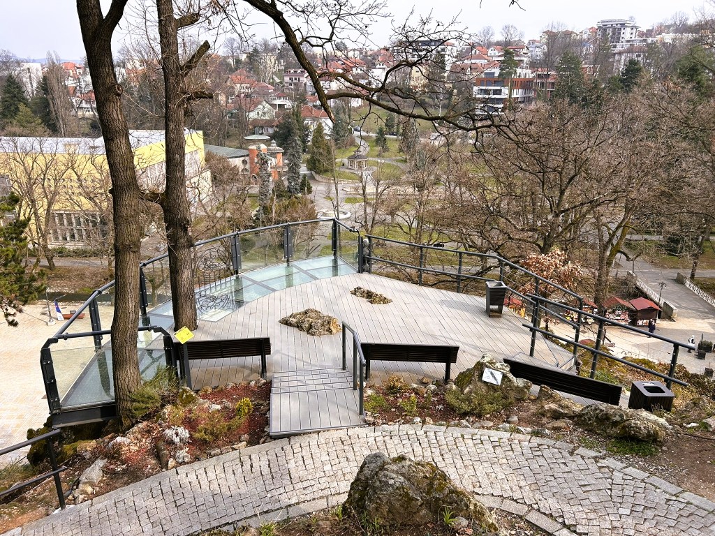 A panoramic view from a wooden deck surrounded by trees, overlooking a park area with residential buildings in the background.