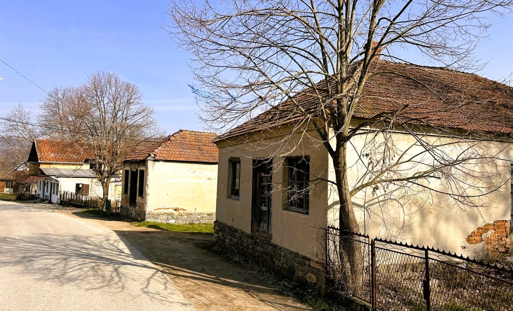 Abandoned houses along a dirt road, with bare trees in the foreground and a clear blue sky.