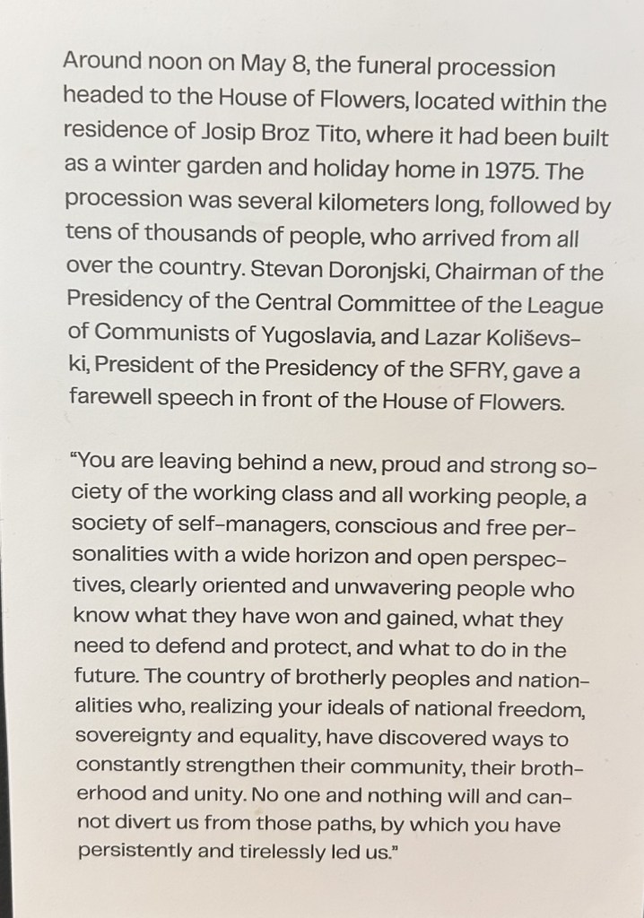 Text from a historical document discussing a funeral procession for Josip Broz Tito, highlighting the attendance of thousands and the speeches by notable political figures.