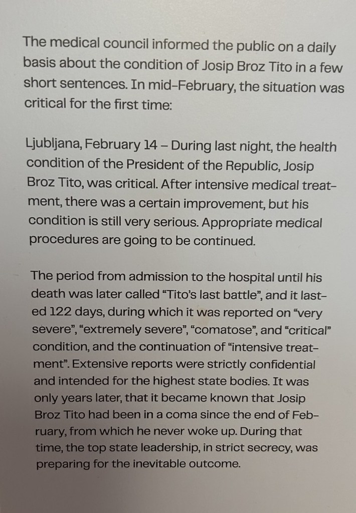 A report detailing the health condition of Josip Broz Tito, stating that it has been critical since mid-February, with a brief improvement noted. The document references the serious nature of his medical treatment and the ongoing medical procedures being followed.