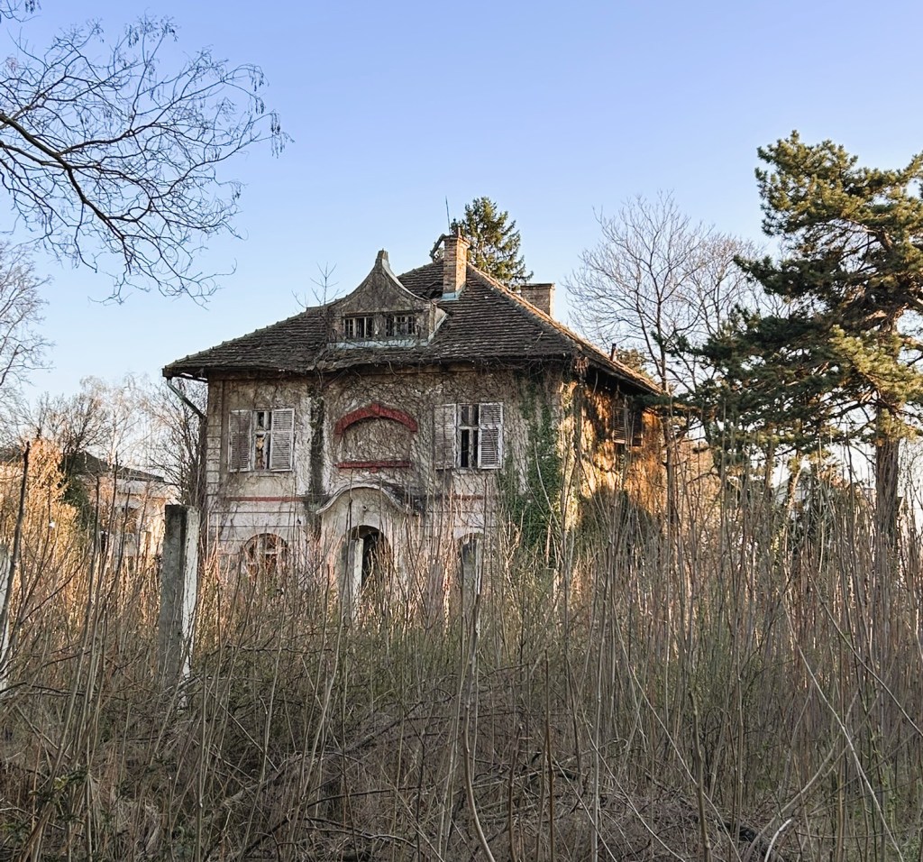 An abandoned house partially obscured by overgrown vegetation, featuring a distinctive architectural style with peeling paint and boarded windows, set against a clear blue sky.