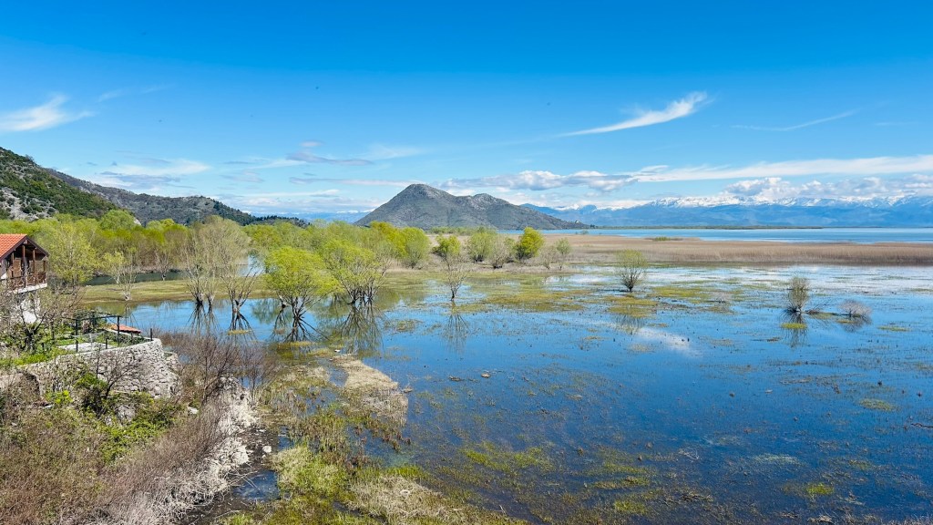 Scenic view of a lake surrounded by greenery and mountains under a clear blue sky.