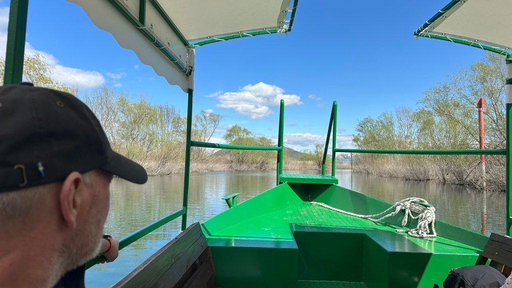 A view from the front of a green boat on a calm river, showing lush greenery on either side and a bright blue sky with clouds.