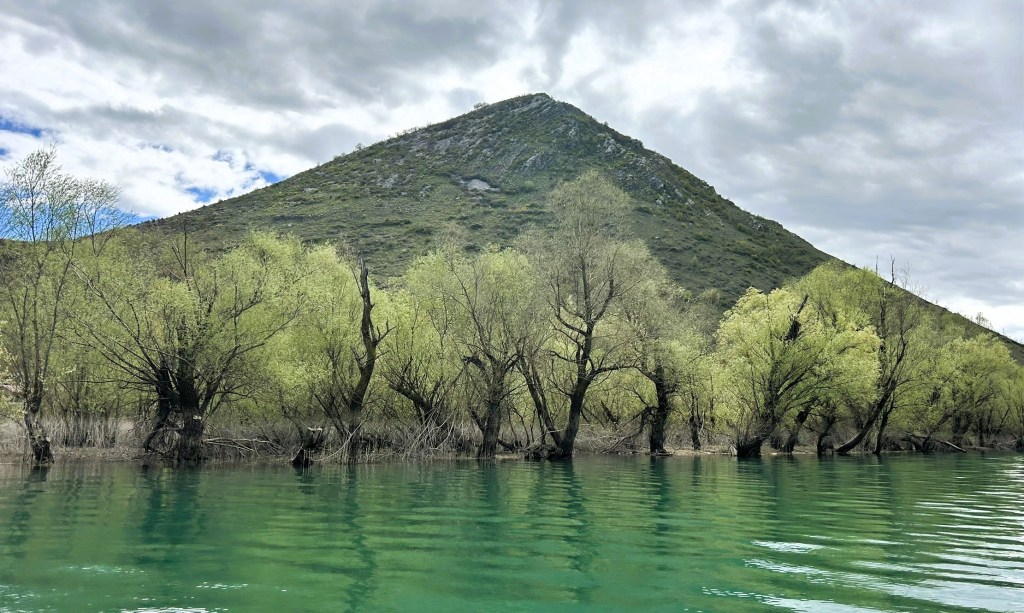 A serene landscape featuring a mountain in the background, surrounded by lush green trees along the water's edge. The water reflects the vibrant colours, while cloudy skies add to the tranquil atmosphere.