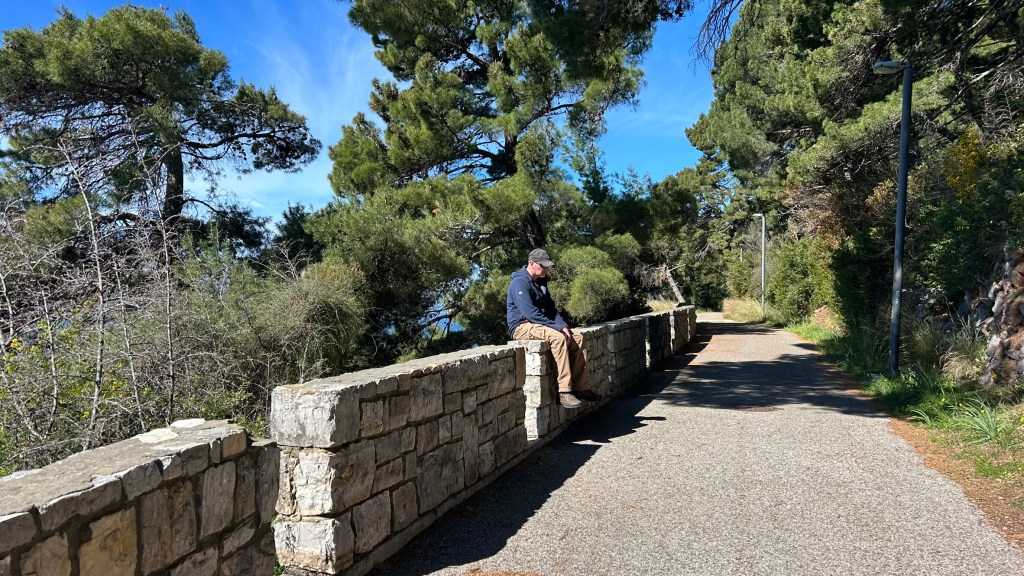 A man sitting on a stone wall beside a paved pathway surrounded by trees on a sunny day.