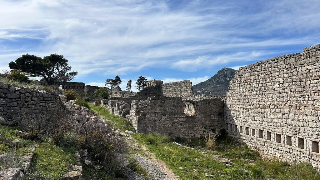 Ruins of ancient stone buildings surrounded by greenery, with a mountain and blue sky in the background.