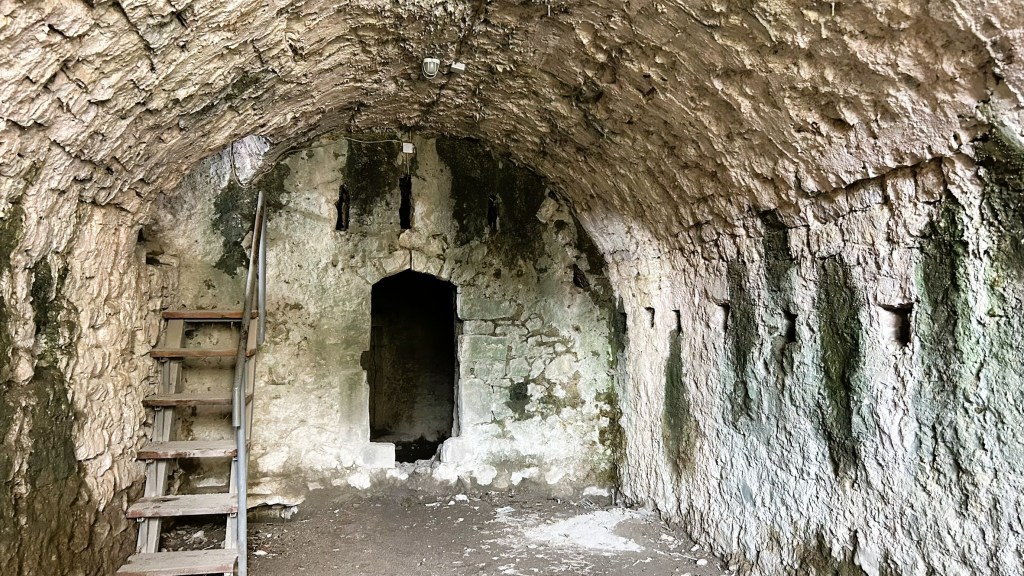 Interior of a stone-walled underground chamber featuring a wooden staircase and an arched doorway.