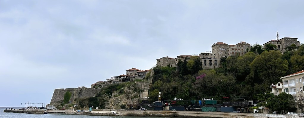 View of a seaside town with historical stone buildings on a hillside, overlooking the water, under a cloudy sky.