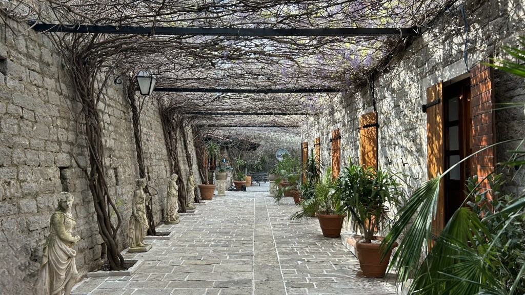 A cobblestone pathway lined with potted plants and statues under a trellised canopy of vines, leading to doorways with wooden shutters.