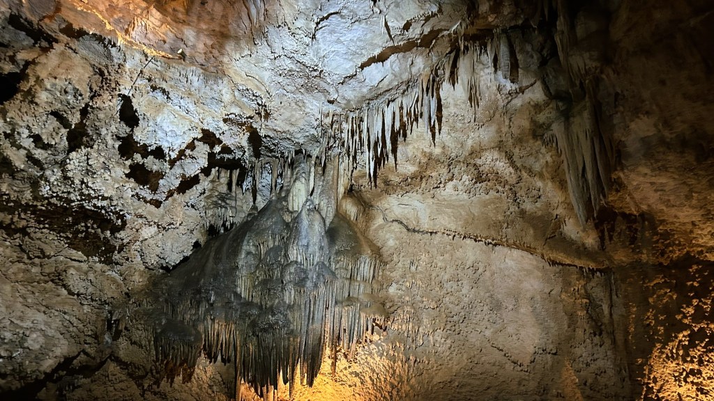 A close-up view of a limestone cave interior featuring stalactites hanging from the ceiling and a variety of rock formations on the walls, illuminated by soft, warm lighting.